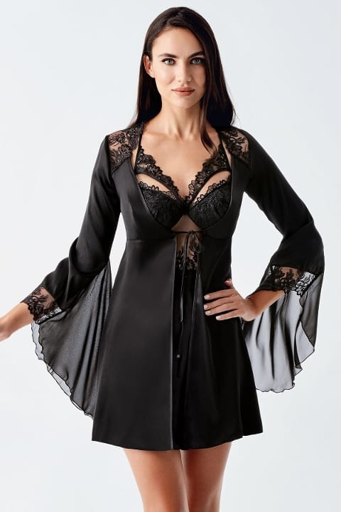 Siyah Tül Dantel Detaylı Saten Gecelik Takım İmaj 104