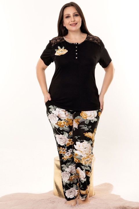 Siyah Çiçek Desenli Tüllü Viskon Kapri Pijama Takımı Lady 10972 - Siyah