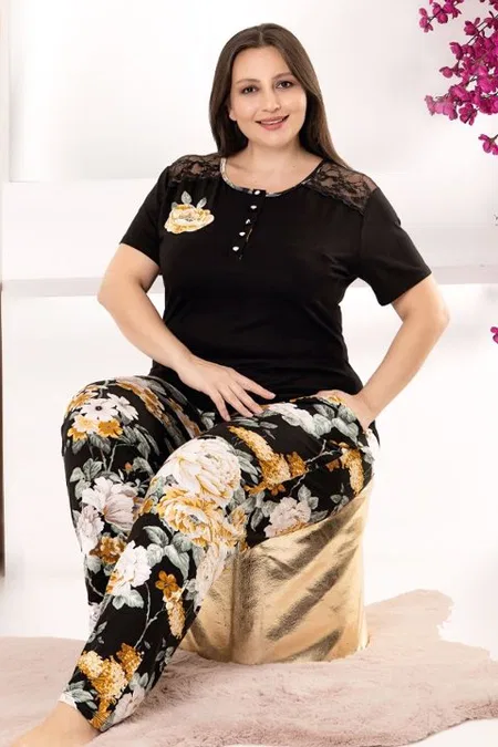 Siyah Çiçek Desenli Tüllü Viskon Kapri Pijama Takımı Lady 10972 - Siyah
