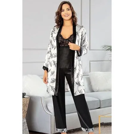 Dantelli Saten Sabahlık Pijama Çeyiz Seti XSES 2150 - Siyah