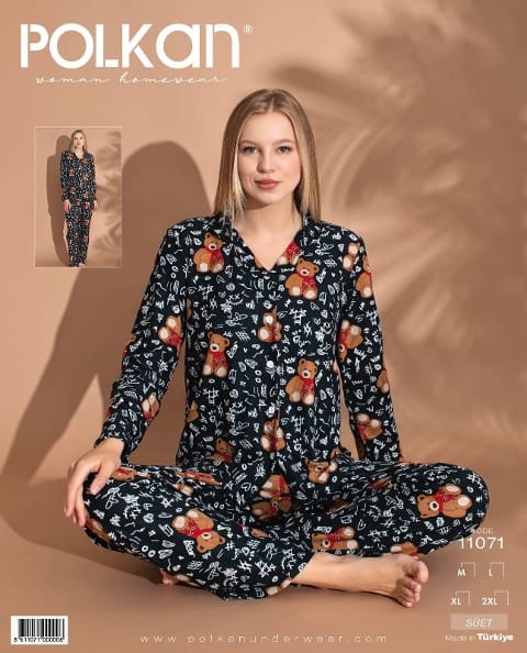 Siyah Desenli Uzun Kollu Pijama Takımı Polkan 11071 - Siyah