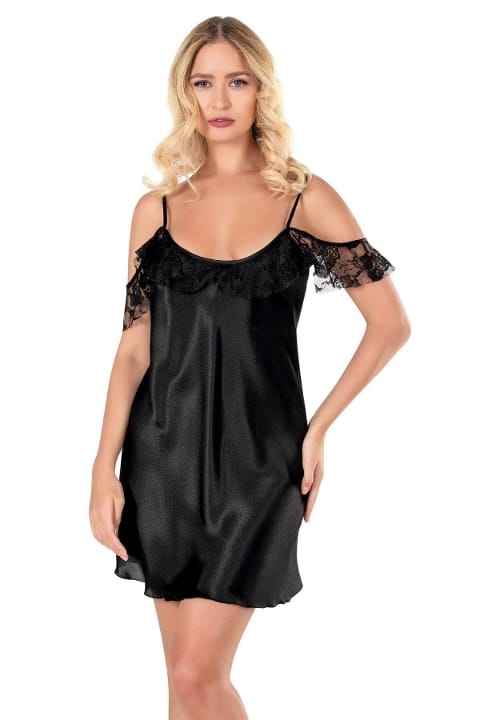 Siyah Düşük Dantel Omuz Kısa Gecelik Ahu 8140