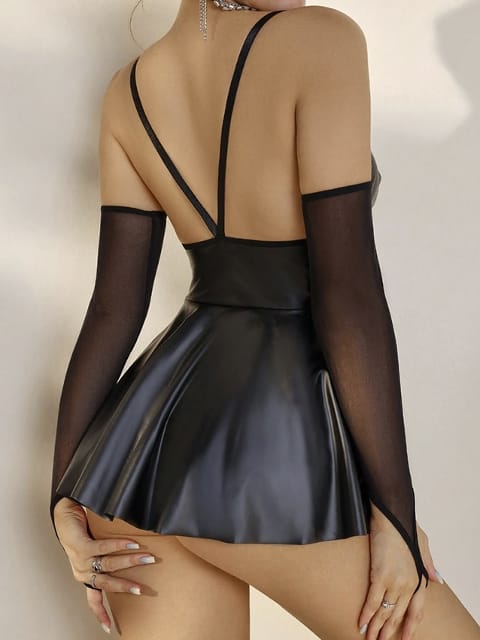 Dantel Detaylı Siyah Fantezi Deri Elbise Real Passione 21084 - 2