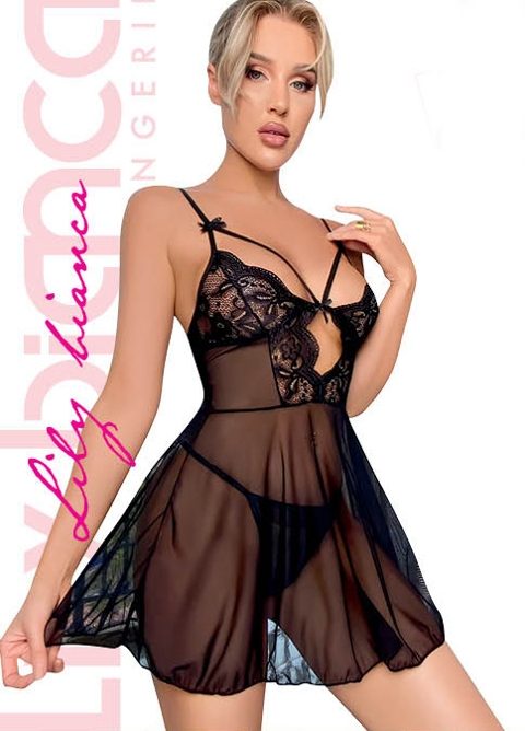 Siyah Dantel Detaylı Uzun Gecelik Takım Lily Bianca 962 - Siyah