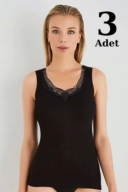 Pamuklu Geniş Askılı Atlet 3lü Paket Kadın Arma Yıldız 3308 - Siyah