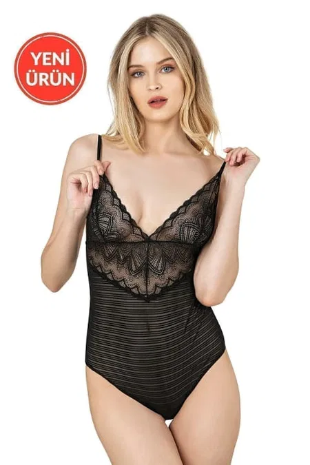 Siyah İnce Askılı Dantel Tül Sırtı Açık Body Özkan 26835 - Siyah