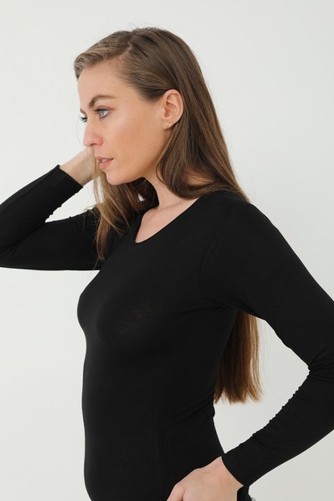 Bambu Uzun Kollu Body Tek Parça Arma Yıldız 3706 - Siyah