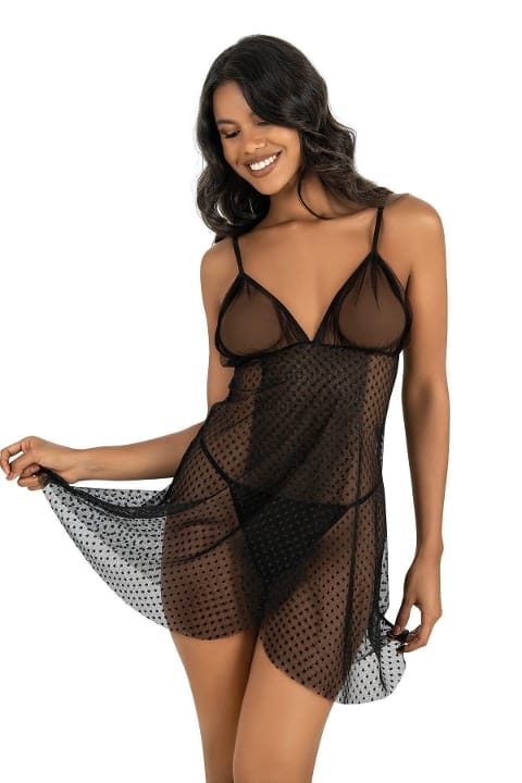 Siyah Puantiyeli Tül Gecelik Ahu 4226