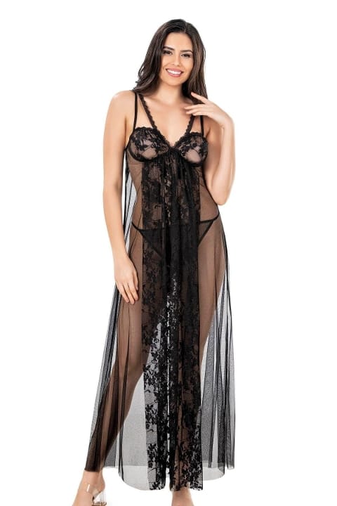 Siyah Tül Gecelik Tek Parça Ahu 4257 - Siyah