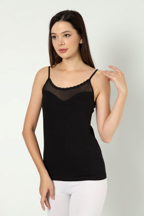 Siyah Likralı Tüllü İp Askılı Atlet Arma Yıldız 3367 - Siyah