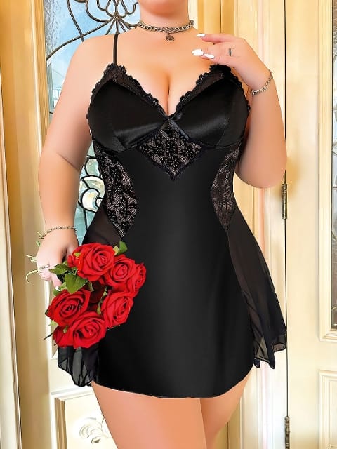 Siyah Saten Dantel Tül Büyük Beden Erotik Gecelik Pink Night 6650