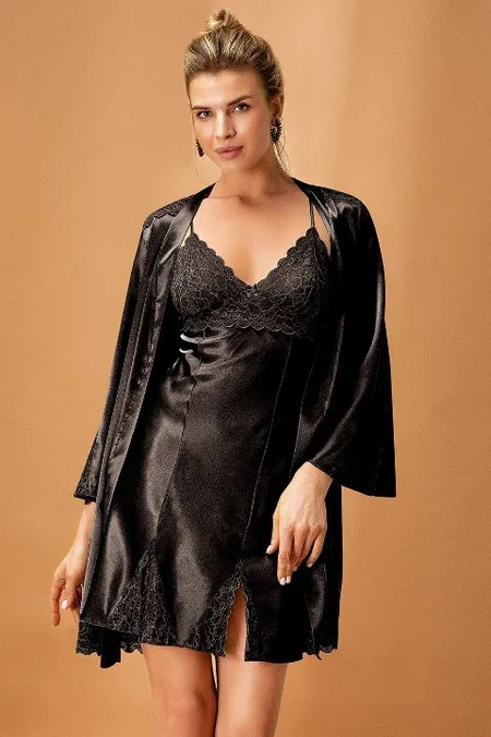 Siyah Saten Kimono Takım Polyester NBB 5325 - Siyah