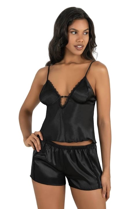 Siyah Saten Dantel Detaylı Şort Takımı Ahu 9207