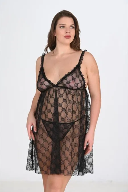 Siyah Tül Dantel Tek Parça Body Ahu 3041 - Siyah