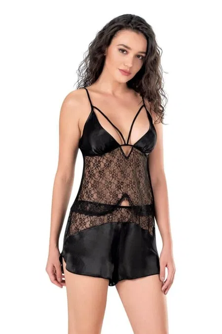 Siyah Tül Detaylı Saten Babydoll Şort Takımı Ahu 9118 - Siyah