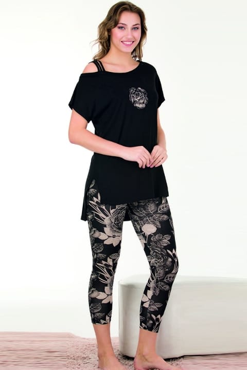 Siyah Viskon Düşük Kollu Rahat Kesim Kapri Pijama Takımı Lady 12067 - Siyah