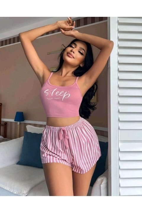 Dantel Detaylı Leopar Askılı Şortlu Takım Ruselin 5002 - Pembe