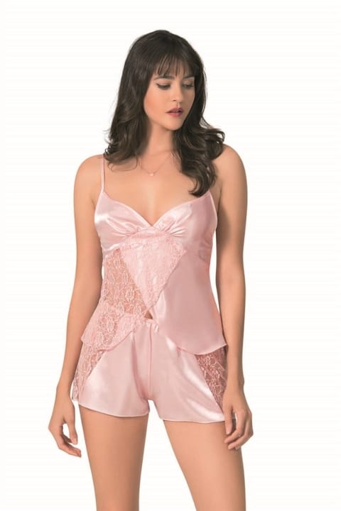 Somon Saten Babydoll Şort Takımı Kadın Pijama Takımı Ahu 9057 - Somon