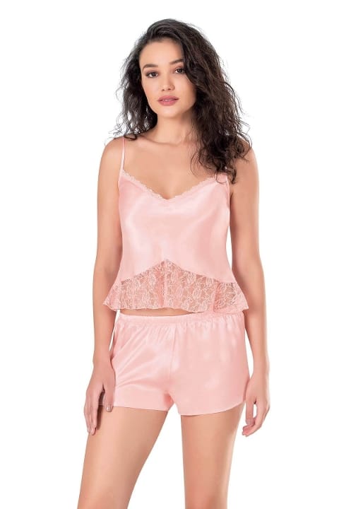 Ahu Lingerie Somon Saten Yumuşak Dokulu Babydoll Şort Takımı Ahu 9116