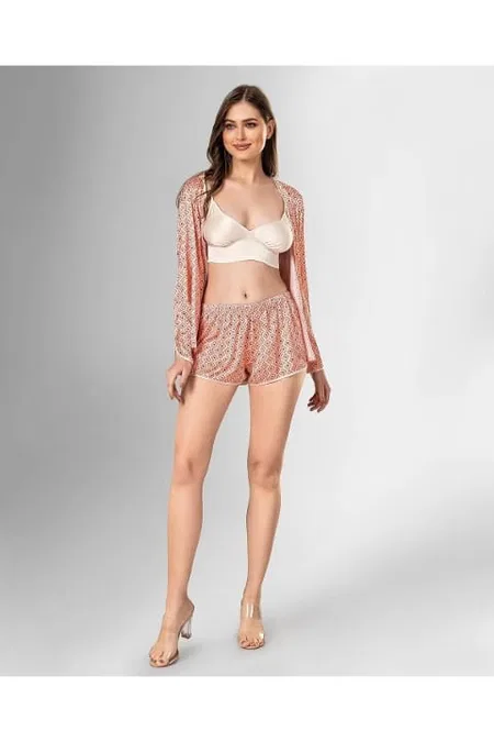 Desenli Kısa Kollu Şort Pijama Takımı Ahu 1858 - Somon