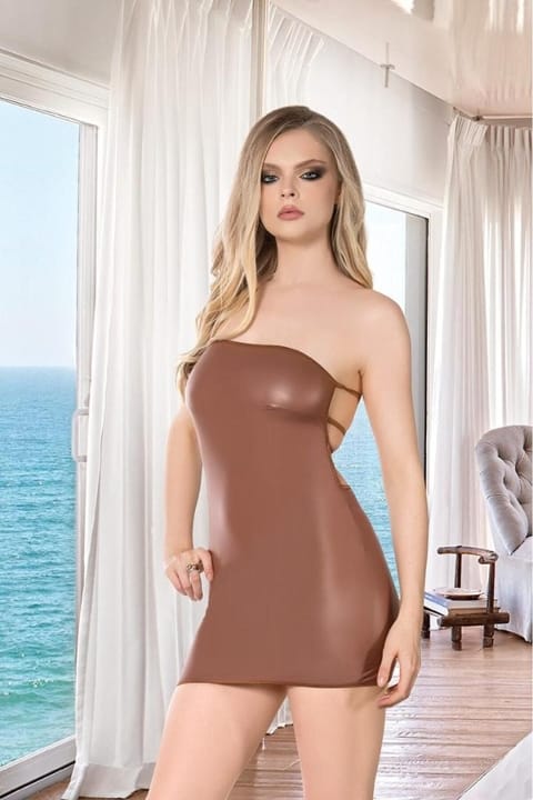 Straplez Kahverengi Lame Deri Elbise İzabel 8013