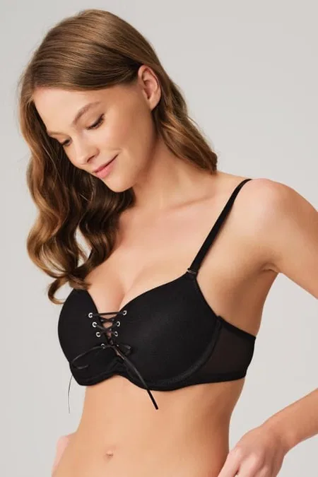 Balenli Destekli Dolgulu Askıları Çıkabilen Yaka Detaylı T-Shirt Sütyeni Anıl 3773 - Siyah