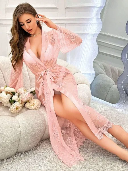Tam Dantelli Leopar Uzun Sabahlık Kadın Pijama Takımı Pink Night 1320 - Pembe