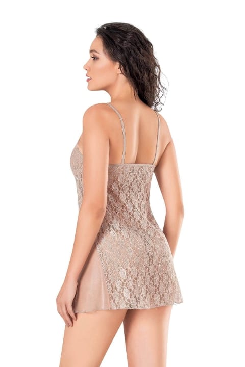 Kısa Tül Gecelik Tek Parça Bej Ahu 4146 - Gri