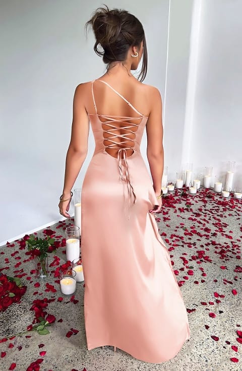 Tek Omuz Sırt Dekolteli Derin Yırtmaçlı Elbise Fantezi Kostüm Pink Night 5539 - Ten