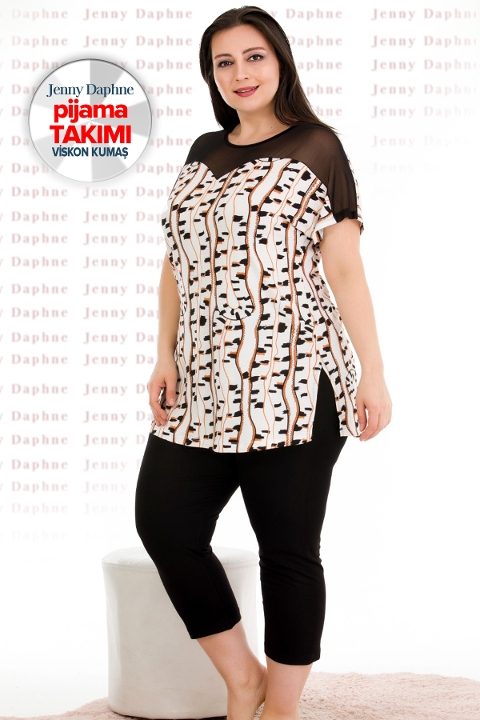 Transparan Omuzlu Büyük Beden Desenli Kapri Pijama Takımı Lady 10675 - Siyah