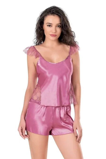Tül Askı Detaylı Gül Kurusu Saten Babydoll Şort Takımı Ahu 9107 - Pembe