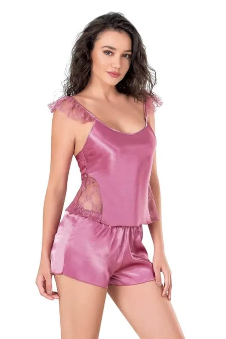Tül Askı Detaylı Gül Kurusu Saten Babydoll Şort Takımı Ahu 9107 - Pembe