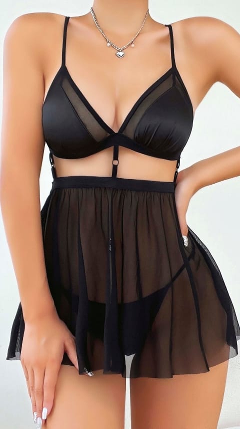 Transparan Tül Fırfır Etekli Gecelik Lily Bianca 144 - Siyah