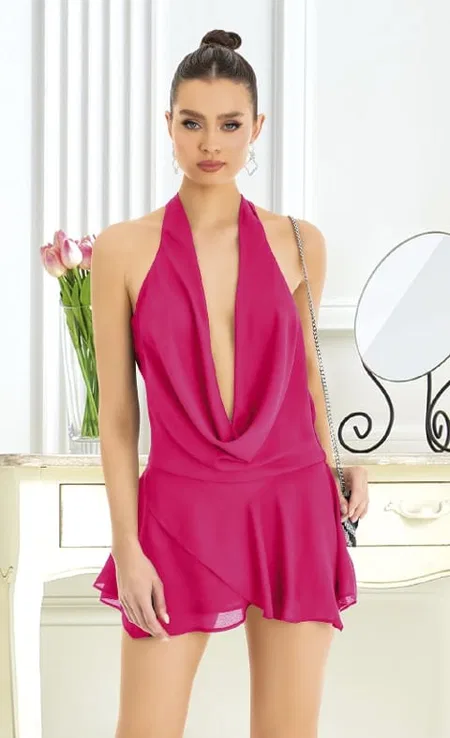 Askılı Mini Elbise Fuşya Dantel Detaylı Pink Night 3442 - Fuşya