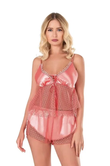 Tül Saten Bordo Babydoll Şort Takımı Ahu 9138 - Somon