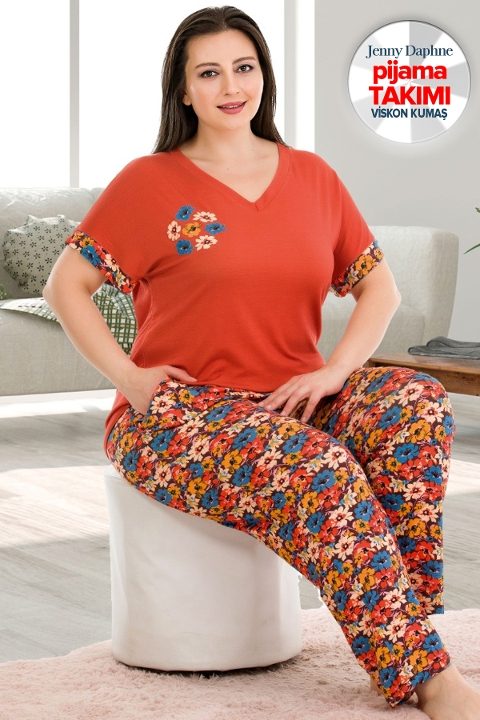 Turuncu Çiçekli Büyük Beden Kısa Kollu Pijama Takımı Lady 10938 - Turuncu