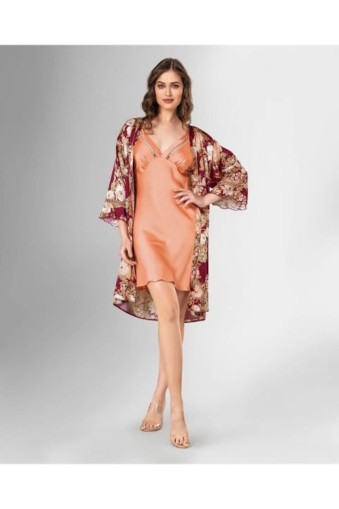 Turuncu Çiçekli İnci Sabahlık Gecelik Takımı Ahu 1849