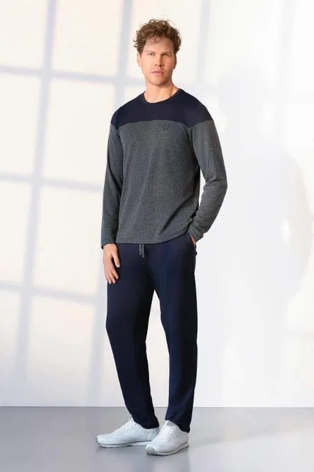Uzun Kollu Cepli Gri Lacivert Pijama Takımı Doreanse 25K4532 - Gri