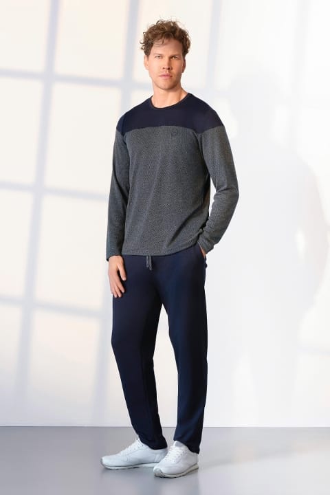 Uzun Kollu Cepli Gri Lacivert Pijama Takımı Doreanse 25K4532