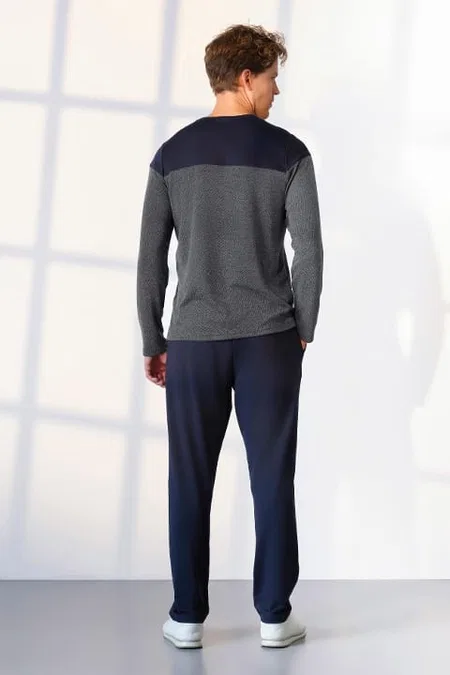 Uzun Kollu Cepli Gri Lacivert Pijama Takımı Doreanse 25K4532 - Gri
