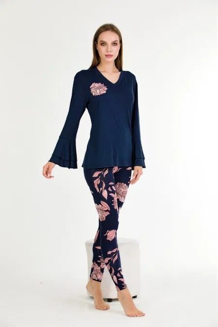 Lady Çiçek Desenli Uzun Kollu Tayt Pijama Takımı Lady 11625