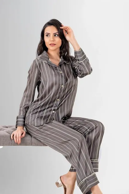 Uzun Kollu Düğmeli Çizgili Kadın Pijama Takımı Ahu 1947 - Gri