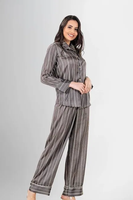 Uzun Kollu Düğmeli Çizgili Kadın Pijama Takımı Ahu 1947 - Gri