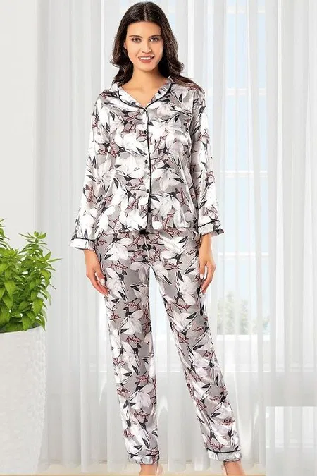 Saten Düğmeli Uzun Kollu Pijama Çeyiz Seti XSES 2000 - Gri