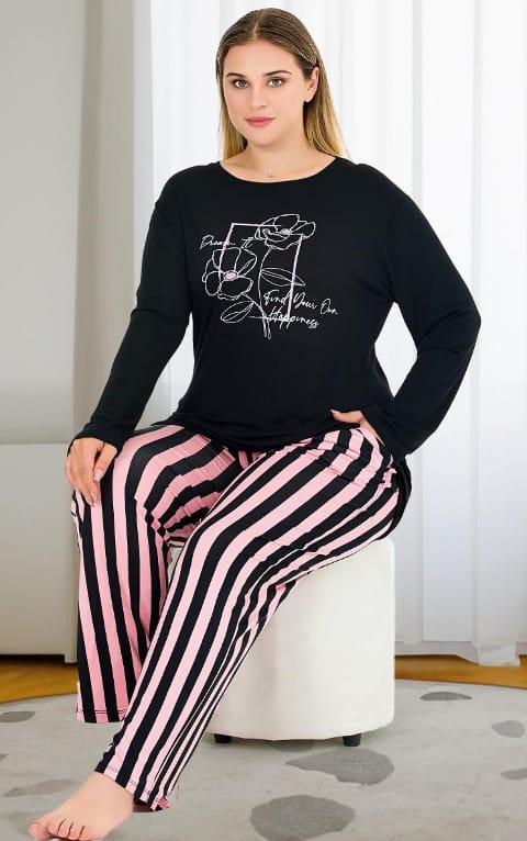 Uzun Kollu Lacivert Büyük Beden Viskon Pijama Takımı Lady 11382 - Lacivert