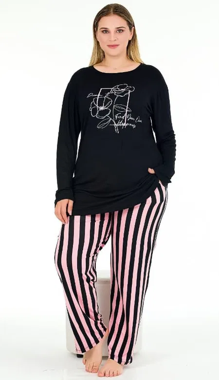 Uzun Kollu Lacivert Büyük Beden Viskon Pijama Takımı Lady 11382 - Lacivert