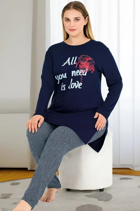 Uzun Kollu Kapri Pijama Takımı Viskon Süet Doku Lady 11401 - Lacivert
