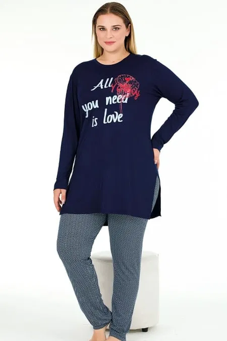 Uzun Kollu Kapri Pijama Takımı Viskon Süet Doku Lady 11401 - Lacivert
