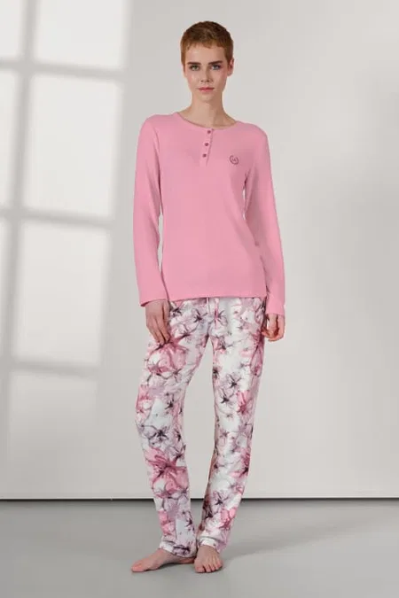Pembe Çiçek Desenli Uzun Kollu Kadın Pijama Takımı Doreanse 25K4032 - Pembe