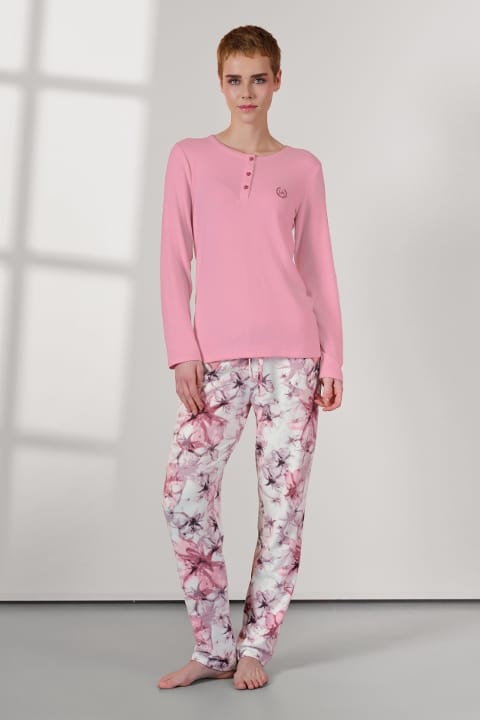 Pembe Çiçek Desenli Uzun Kollu Kadın Pijama Takımı Doreanse 25K4032